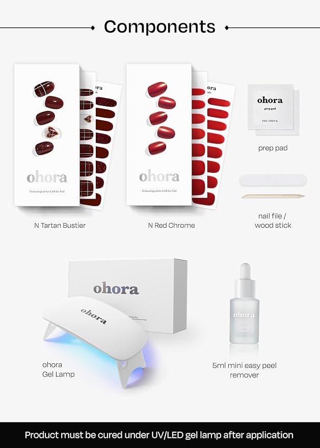 ohora Semi Cured Gel Nail Strips ([2025 Christmas Set] N Tartan Bustier & N Red Chrome) - Works with Any Lamps, Salon-Quality, Long Lasting, Easy to Apply & Remove