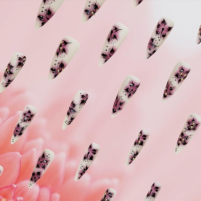 24Pcs 3D Flower Press on Nails Polk Dots Gel Glue on Acrylic Fake Nails Blood Flowers Press ons Fingernails Matte Pink Gradient Long Stiletto False Nail Pearls Stick on Nail for Holiday Manicure Art