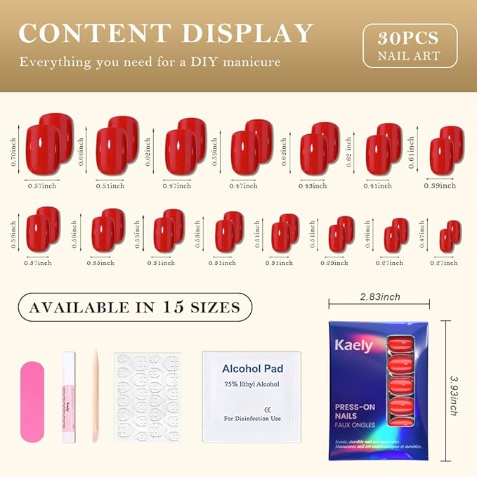 evpct Nuetral Red Short Squoval Glossy Press on Nails for Women Gift, Glossy Nuetral Red Fake Nail with Glue Manicure Kit, Soft Gel Full Cover Reusable Stick Glue on Acrylic False Nails Perfectly Fit