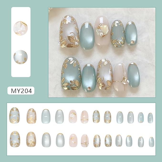 24Pcs Gold Flower Press on Nails Medium Almond Fake Nails 3D Flower with Pearl Full Cover Gold Chrome False Nails Glue on Nails Blue White Stick on Nails for Women Acrylic Manicure Kit Decorations