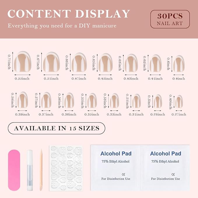 Press On Nail, French Tip Chrome Acrylic Press On Nails Short Round, Designer Reusable Glazed Fake Nails, Glossy Soft Gel Nails Wedding and Party, Stick On Glue On Nails Press Ons for Women