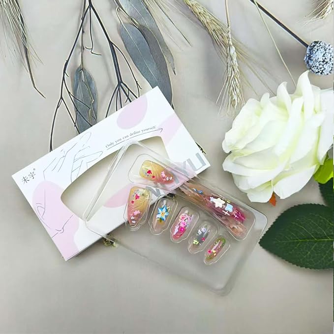 30Pcs Cute Flower Press on Nails Medium Almond Fake Nails Leaf Butterfly False Nails with Bow Rhinestones Design Reusable 3D Floral Acrylic Nail Full Cover Glue on Nail for Women DIY Manicure Decor