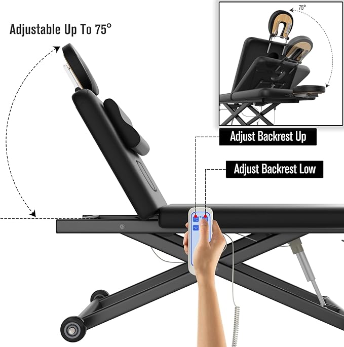 Heavy-Duty Electric Lift Massage Table with Electric Adjustable Backrest and Legs, Wide Physical Therapy Massage Bed with Wheels, Professional Spa Facial Bed, PU Leather, 32'' W × 75'' L