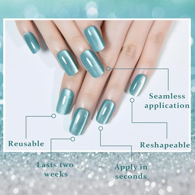 Light Cyan Cat Eye Press on Nails Medium Square, Medium Square Press Glue on Nails Chrome for Women Gift, Green Holographic Glitter Glossy Reusable Gel Acrylic Fake Nail with Designs Cateye Effect