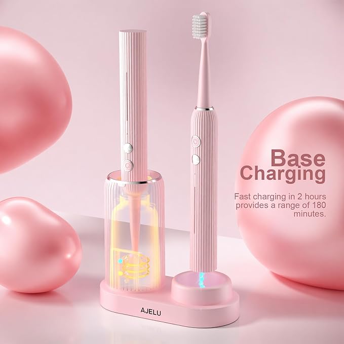 Electric Toothbrush Set for Women with UV Light Drying Holder, 8 Brush Heads, Smart Timer, USB Rechargeable – Soft Pink Edition