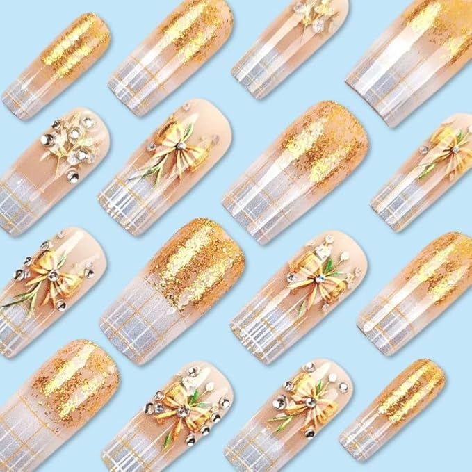 Long Square Press on Nails Gold Fake Nails with Glitter Design French Tip False Nails Gradient Acrylic Nails for Women 24pcs