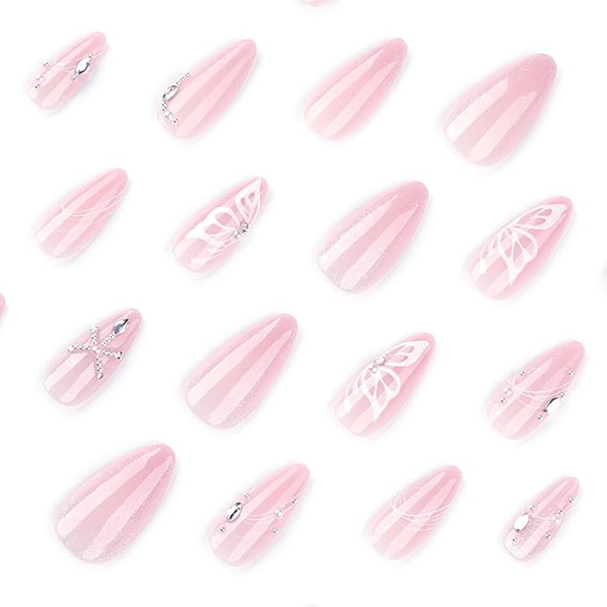 Pearl Charms Cat Eye Press On Nails Almond Short, Butterfly Pattern Designer Reusable Acrylic Nails Press Ons, Fake Nails With Glue On, Daily Wear Floral False Nails For Women