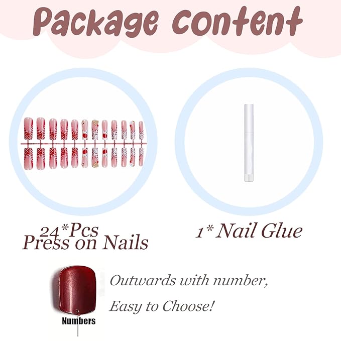 BABALAL Acrylic Press on Nails - Long Square Fake Nails, Red White French Tip Glue on, Cheetah Print with Gold Heart Charm Y2k False Nails Art 24Pcs DIY Squoval Manicure Stick on Nails Supplies