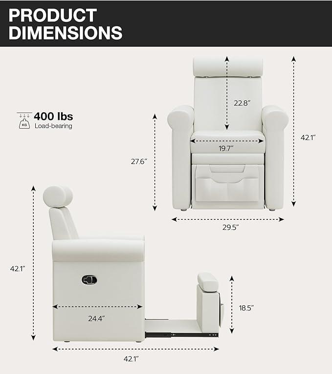 Icoget Professional Pedicure Chair No Plumbing, Reclining Pedicure Station Pipeless with Retractable Base and Adjustable Legrest Used in Salons, Home, Waterproof Foot Spa Chairs, White