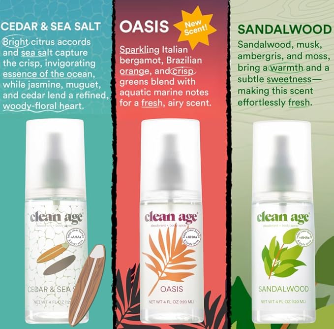 Aluminum Free Deodorant & Body Spray for Whole Body - 3 Pack 4oz ea - Cedar, Oasis and Sandalwood - Clean Deodorant and Body Spray for Teen Boys and Girls - With AHA Fights Body Acne