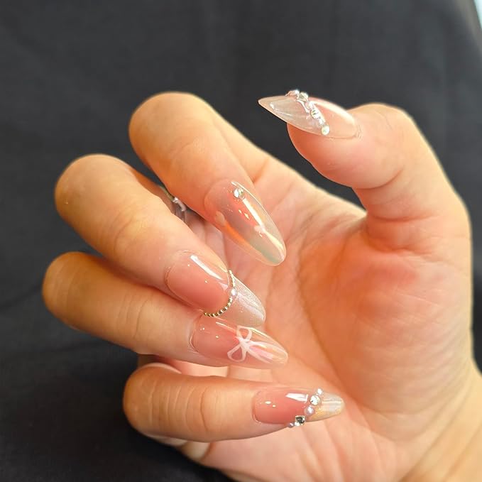 Pink Cat Eye Press On Nails Medium Almond, Handmade Pearl & Rhinestone Glitter French Tip, Gel Acrylic 10pcs Hand-Painted Bow & Heart Design(Elegant Dancer, Size S)