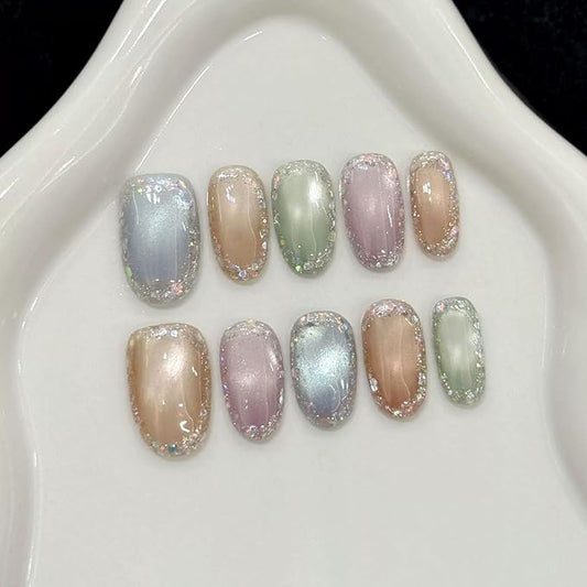 Handmade Press on Nails Almond Medium handmade nails Cat's Eye Fake Nails Colorful Sparkly Cute Acrylic Nails for Women 10pcs (Size M）