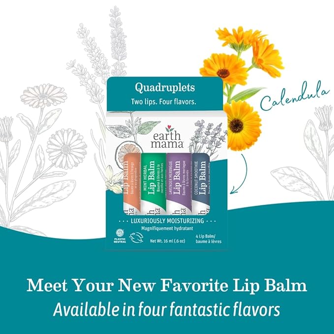 Earth Mama Lip Balm Variety Pack | Quadruplets 4 Pack | Lavender Meringue, Mint Herbal, Coconut Smoothie & Orange Ginger | Soothing & Hydrating Lip Moisturizer | Pregnancy Safe