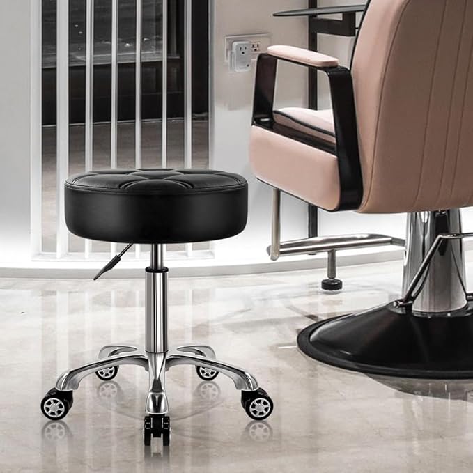 Heavy Duty Rolling Stool with Wheels Hydraulic Lift 360 Swivel Adjustable Rolling Stool Thick Leather Ergonomic Seat Stool Chair for Kitchen Drafting Lab Office Salon Message Stool Black