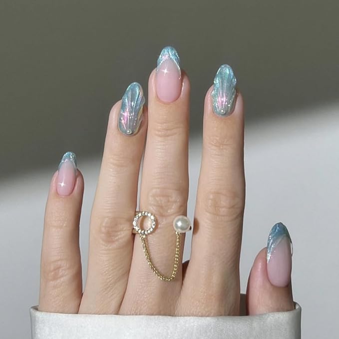 3D French Tips Pearl Press On Nails Almond Short, Mermaid Tail Iridescent Designer Reusable Acrylic Nails Press Ons, Fake Nails With Glue On, Daily Wear Floral False Nails For Women