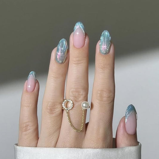 3D French Tips Pearl Press On Nails Almond Short, Mermaid Tail Iridescent Designer Reusable Acrylic Nails Press Ons, Fake Nails With Glue On, Daily Wear Floral False Nails For Women