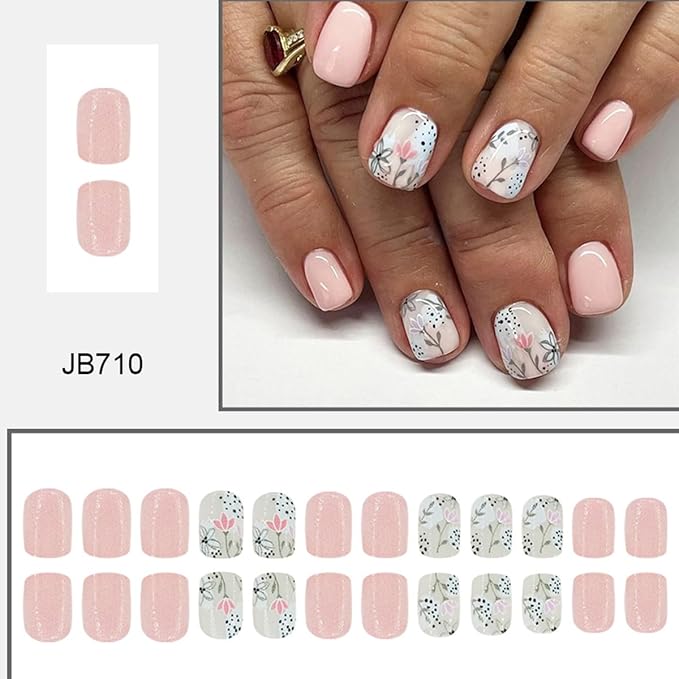 Square Press on Nails Short Fake Nails Full Cover Glossy Acrylic Nails with Designs Natural Nude False Nails Spring Flower Stick on Nails Reusable Pink Glue on Nails for Women DIY Manicure