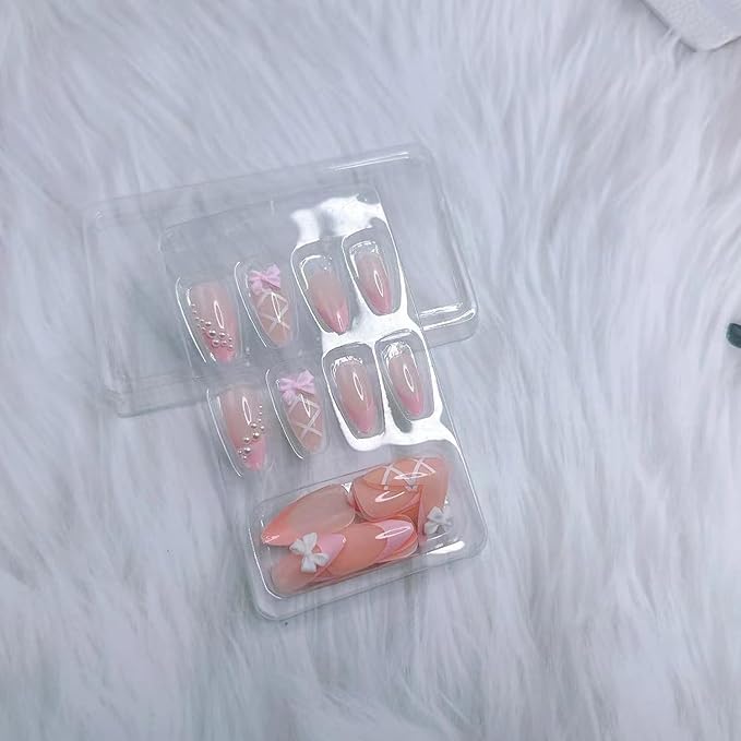 24pcs Press On Nails Medium Almond Pearl Bow Pink Press On Nails White Pearl Valentine French Tip Nails Cute Nails Fake Nail French Fingertips Almond Full Cover Cute Stick on Nail Accessories