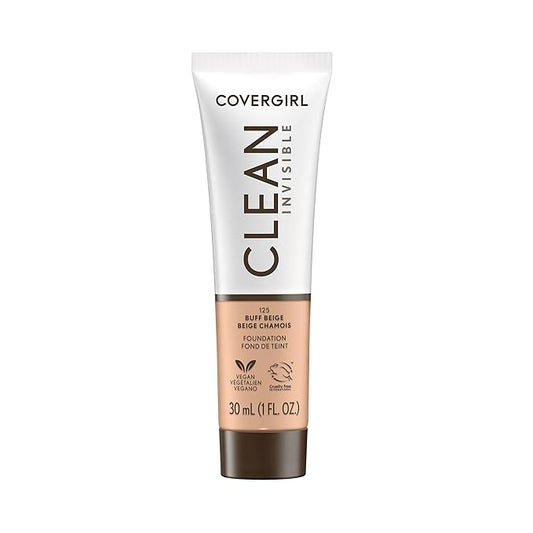 COVERGIRL Clean Invisible Foundation Makeup, Dewy & Glowy Natural Finish, Buildable Coverage, Skin-Like Smooth Look, Vegan, Buff Beige, 1oz