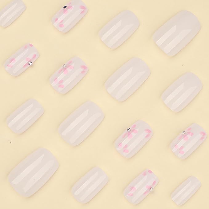 Nude Press On Nails Medium Square, Pink Flower Fake Nails with 3D Floral Design, Glossy Finish Reusable Acrylic Nails, Natural Glue On Nails Kit for Women, 24Pcs