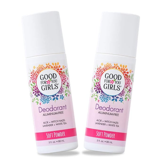 Good for You Girls Aluminum-Free, Natural & Vegan Deodorant for Kids, Preteens, Teens, Safe & Effective Odor Protection, Clear Roll-On, Natural Fragrance | Soft Powder, 3 oz (Pack of 2)