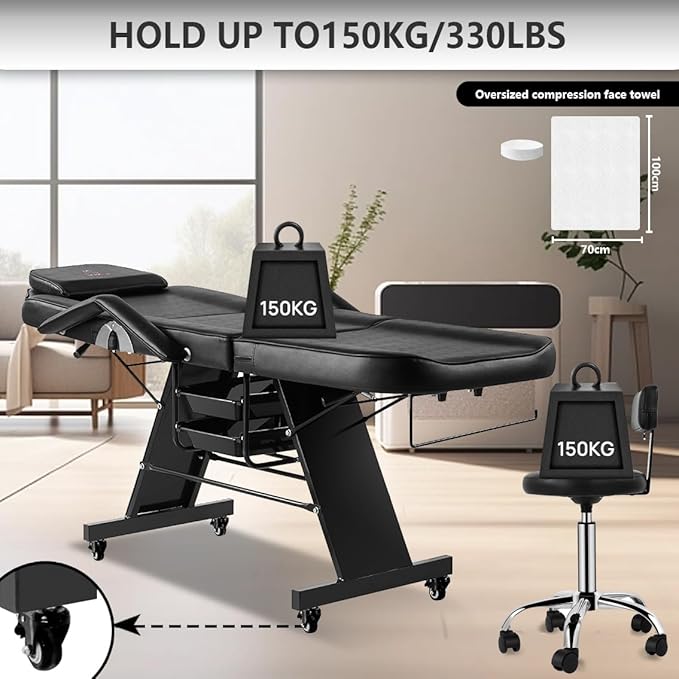 Facial Chair with Wheel Tattoo Chair for Client Beauty Chair Artist Spa Bed Removable Headrest for Client, Esthetician, Artist, Lash Bed Black