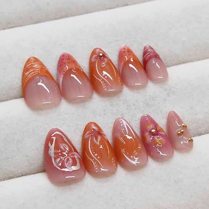 24Pcs Red Flower Press on Nails Medium Almond French Tip Fake Nails with 3D Gilding Rhinestones Design Spring Summer False Nails Full Cover Artificial Glue on Nails Handmade Stick on Nail for Women