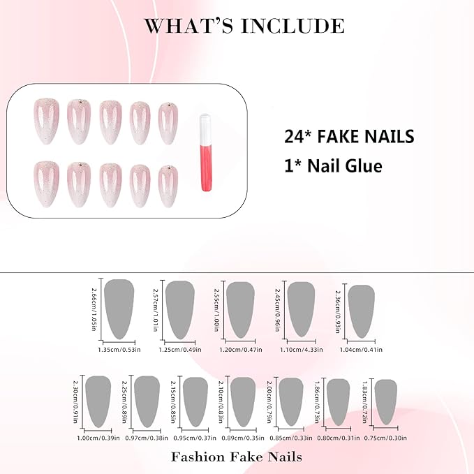 IMRAIN Press on Nails Medium Almond Fake Nails Pink White Gradient False Nails with Glitter Designs Full Cover Glossy Acrylic Glue on Nails for Women Girls Artificial Nail Supplies 24Pcs