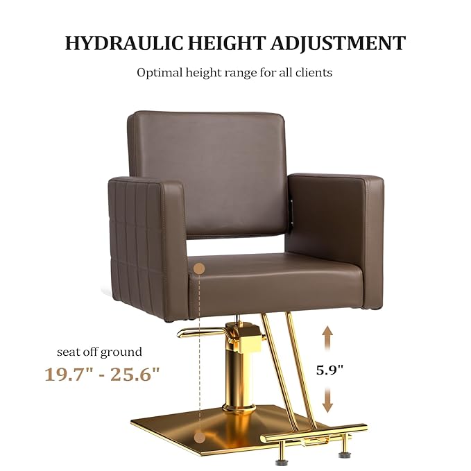 mefeir Brown and Gold Barber Chair Hair Salon Chair with Heavy Duty Hydraulic Pump, Square Base, Stainless Steel Footrest,Styling Chair for Beauty Spa Hairdressing Braiding