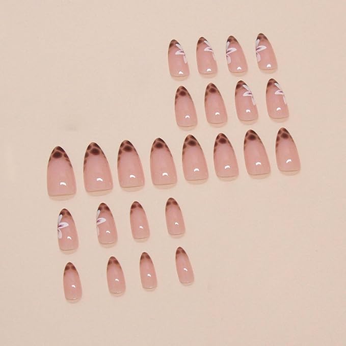 Hkanlre Leopard Print Medium Press on Nails Nude Fake French Nails Tips Full Cover Almond False Nails for Women 24PCS