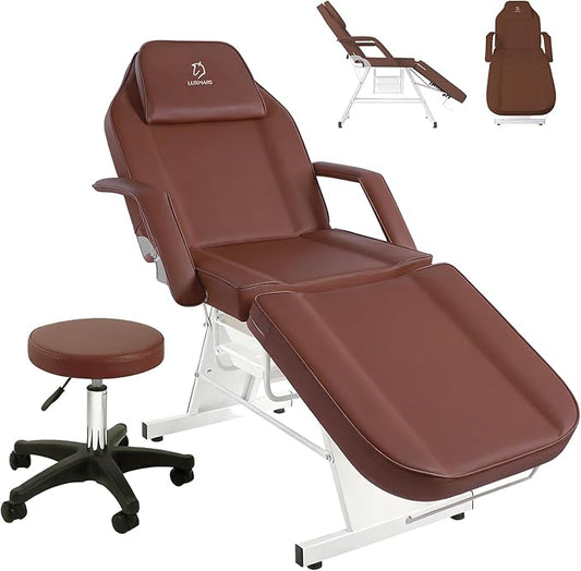 Facial Chair,73 inch Tattoo Chair for Client,3-Section Adjustable Massage Table with Hydraulic Stool, Multipurpose Beauty Beds Salon Equipment for Esthetician, Tattooshop, Spa (Brown)