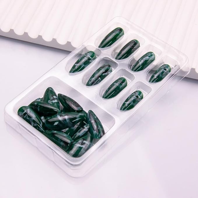 Green Press on Nails Almond Medium Fake Nails Summer Dark Green Marble Acrylic False Nails Press ons Full Cover Reusable Glue on Artificial Nails for Women 24Pcs