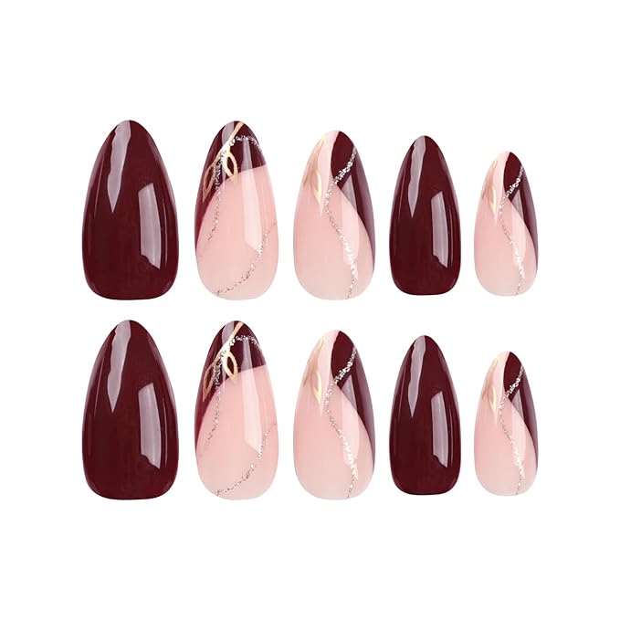 Press On Nails Medium Almond Gold Line French Press Ons Full Cover Glossy Stick Ons for Women Nails Decoration 24Pcs