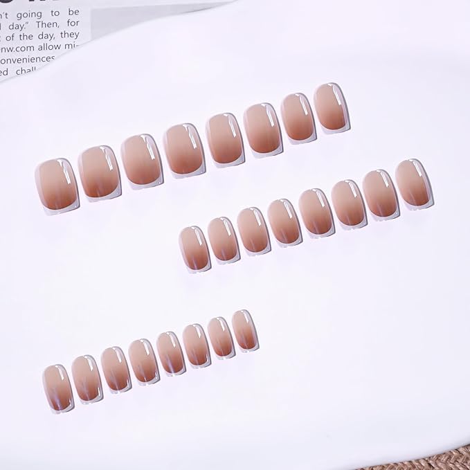 Square Ombre Press On Nails, French Press On Nails Medium Nude Brown Chrome Fake Nails with Classic White French Tip and Glossy Gel Finish, Reusable French Glue On Nails Kit for Women