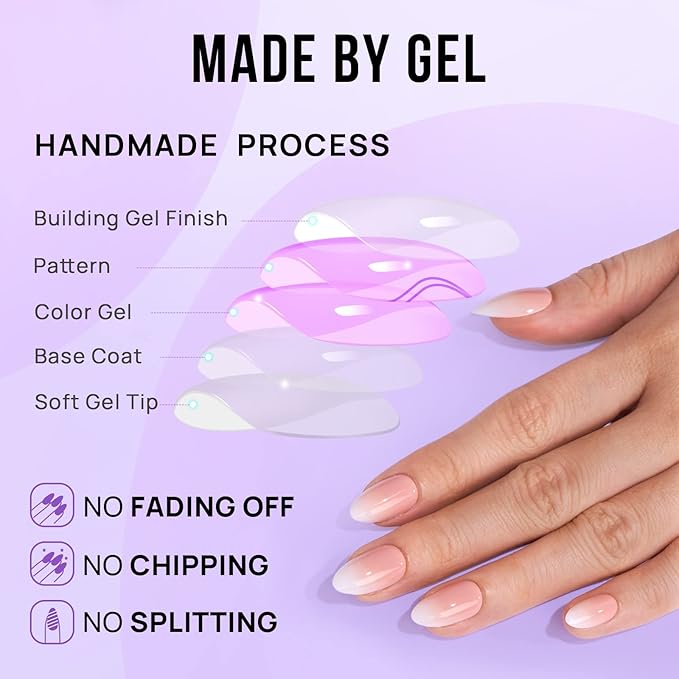 Almond Press On Nails Medium - BTArtbox Soft Gel Ombre Fake Nails with Nail Glue, Semi-Transparent Reusable Glue On Nails in 16 Sizes - 32PCS Stick On Nails Kit, Vanilla Cream Almond