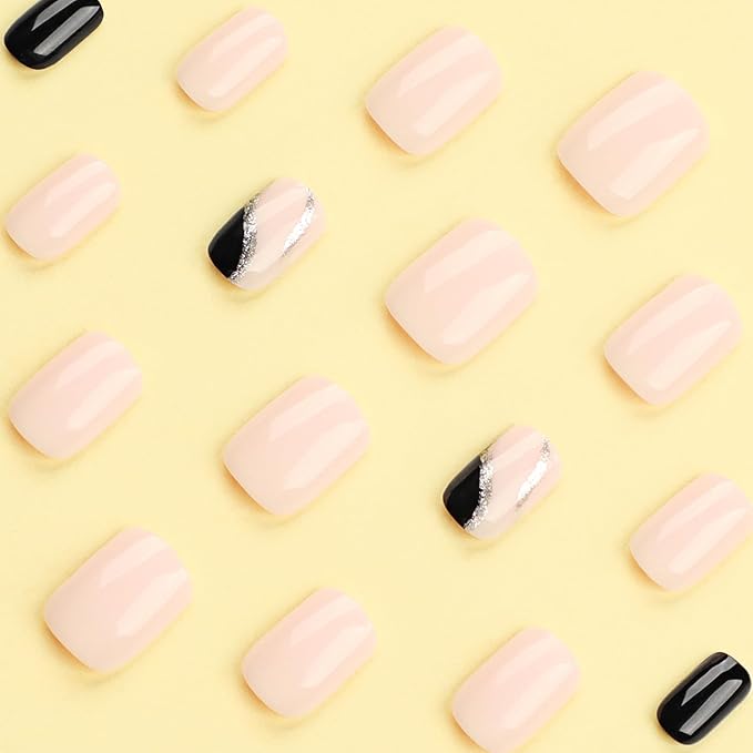 Pink Press On Nails Short Square, Black Silver Glitter Design Short False Nails, Reusable Stick On Fake Nails with Glue For Women, 12Sizes-24 Salon Quality Nail Kit, Gift for Woman