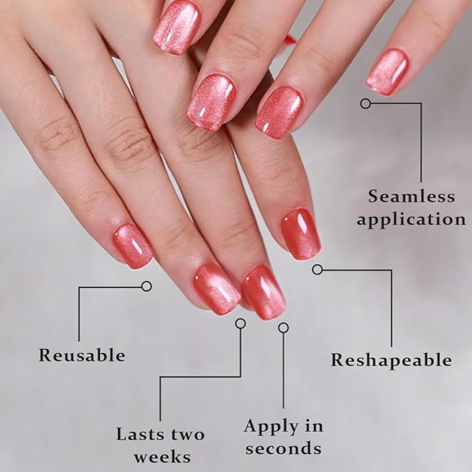 evpct Pink Cat Eye Extra Short Press on Nails Square, Petite Short Square Glue on Nails for Women Gift, Red Nude Pink Metallic Glitter Glossy Reusable Stick Gel Press on Acrylic Fake Nail with Designs