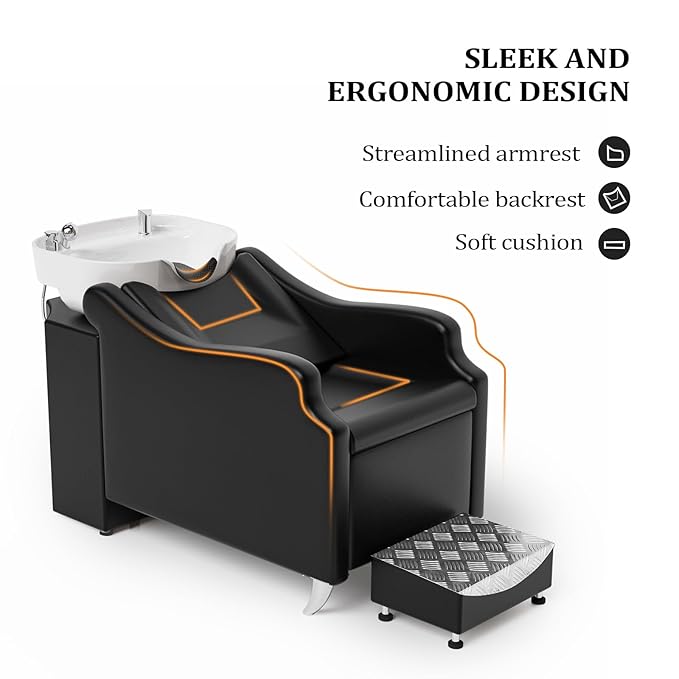 OmySalon Shampoo Backwash Unit with White Porcelain Bowl, Salon Sink Hair Wash Chair Shampoo Station, Barbershop Beauty Spa Massage Hairdressing Equipment