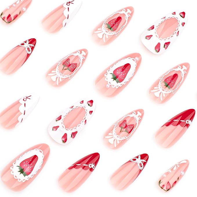 24pcs French Tip Press on Nails Medium Almond Fake Nails with Pearl Designs Cute Bow Stick on Nails Strawberry False Nails Red White French Nail Tips Acrylic Nails Glue on Nails for Women