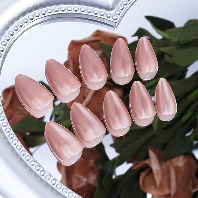 30Pcs Glitter Brown Fake Nails Short Press on Nails Almond False Nails Glossy Full Cover Stiletto Glue on Nail Nude Pink Acrylic Nails Reusable Fall Artificial Stick on Nail for Women Manicure