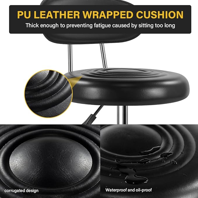 Rolling Stool with Wheels Swivel Stool with Back Height Adjustable Chair PU Leather Rolling Chair Ideal for SPA Salon Home Office Drafting Work (Black)