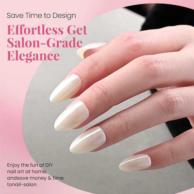 Press on Nails Short Almond - White Chrome Glazed Glossy Press on Nail Tips Glue On Nails with Nail Glue for Gift, Reusable Stick On Nails in 15 Sizes - 30 Full Cover Acrylic Soft Gel Fake Nails Kit