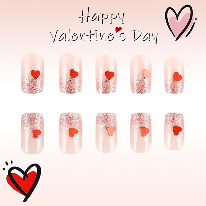 24Pcs Heart Press on Nails Medium Square Fake Nails Pink French Tip Glue on Nails Valentines Press ons Pink Stick on Nails Valentines Artificial False Nails for Women DIY Acrylic Nails Charms