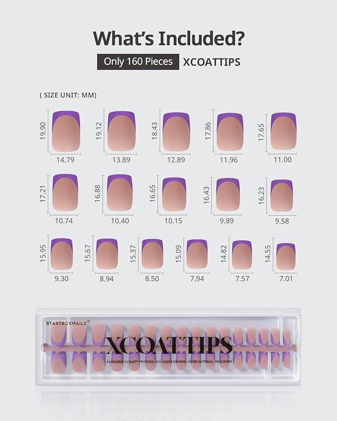 BTArtboxnails XCOATTIPS Purple French Tip Press On Nails - Short Press On Nails Square, Soft Gel Nail Tips, 160Pcs Soak Off Acrylic Brown Fake Nail Extension in 16 Sizes