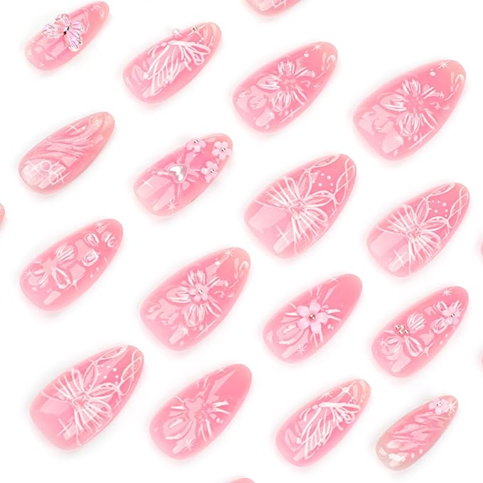 24Pcs Pink Press on Nails Medium Almond Fake Nails with 3D Flower Butterfly Designs Stick on Nails Bow False Nails Spring Summer Floral Acrylic Nails Gold Bead Glue on Nails for Women Nail Supplies