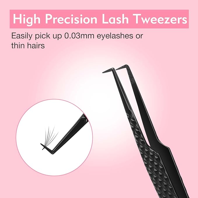 VEYES INC Lash Tweezers for Eyelash Extensions,Fiber Tip Tweezers for Individual Classic and Volume Lash,Stainless Steel Lash Tweezers-Slim 90 Degree