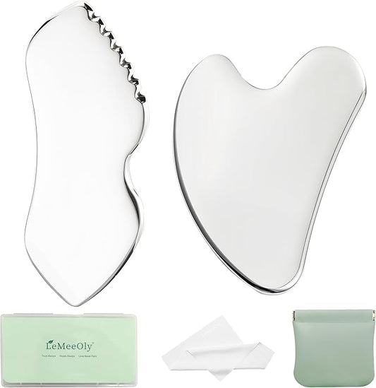 2Pcs Gua Sha Facial Tools Stainless Steel, Detailer GuaSha Set for Face Neck, Natural Skin Care Metal Gua Sha Lymphatic Drainage Face Massage Tool, Gift for Women