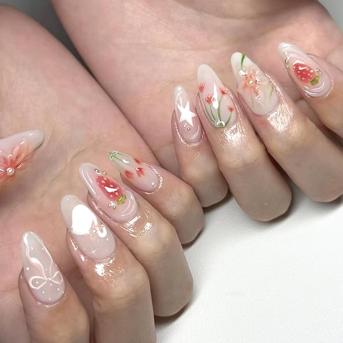 24Pcs Summer Press on Nails Medium Almond Fake Nails with Strawberry Lily Pearl Designs Flower Bow Glue on Nails Full Cover Artificial Nails Cute Stick on Nails for Women Daily Wear