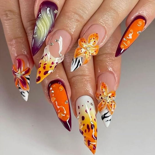 Long Almond Press on Nails Zebra Artistic Party Fake Nails Floral Leopard Stick on Nail for Women 24pcs