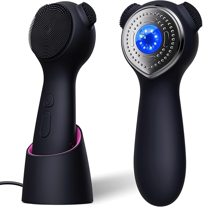 Silicone Face Scrubber Exfoliator Electric for Men Women, Rechargeable Facial Cleansing Brush with Wireless Charging Dock, Waterproof Sonic Vibrating Face Scrub Brush Cleanser for Exfoliating, Black